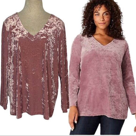 Pink Crushed Velvet Top NWT J JILL Knit V Neck Large Petite Dusty Rose Tunic - Picture 1 of 6
